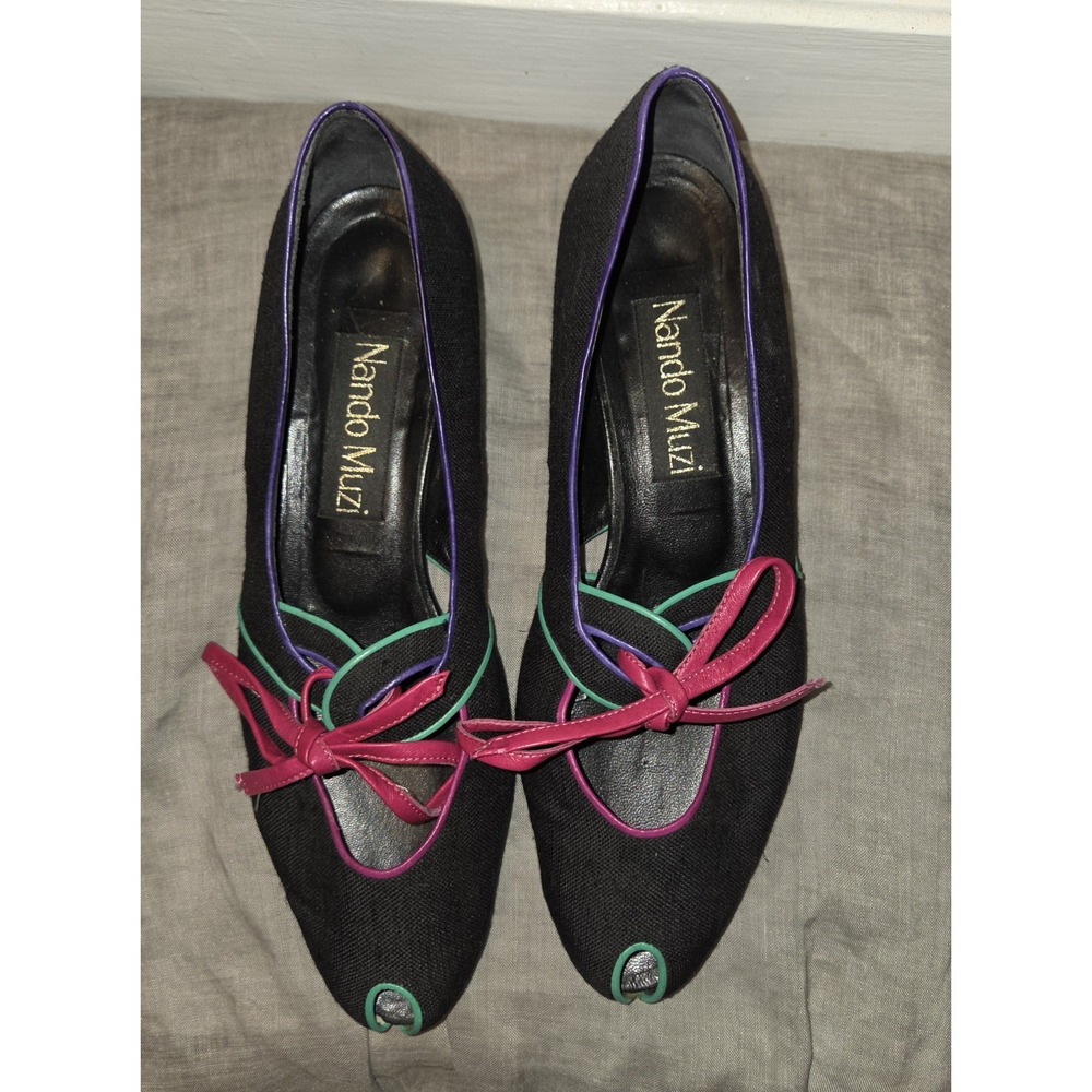 Vintage 90's Italian Nando Muzi Black Teal Purple Peep Toe Low Heel . Pink Bow.8